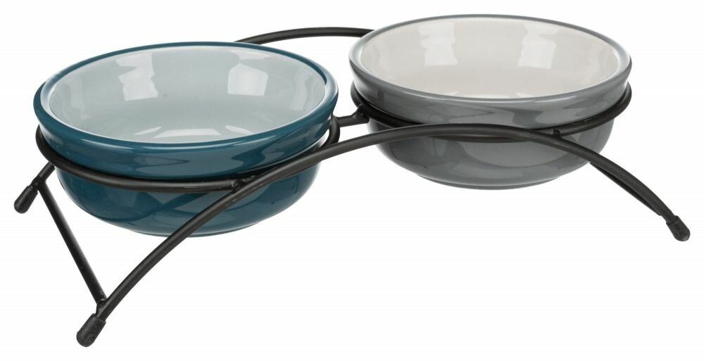 Set keramických misek v kovovém stojánku, 2 × 0.25 l/ø 13 cm, petrolejová/šedá TRIXIE