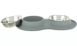 Set nízkých nerez misek v silikonovém prostírání, × 0.4 l/ø 16 cm/40 × 5 × 23 cm, šedá TRIXIE