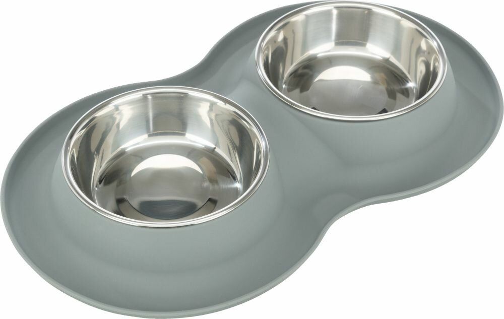 Set nízkých nerez misek v silikonovém prostírání, × 0.4 l/ø 16 cm/40 × 5 × 23 cm, šedá TRIXIE