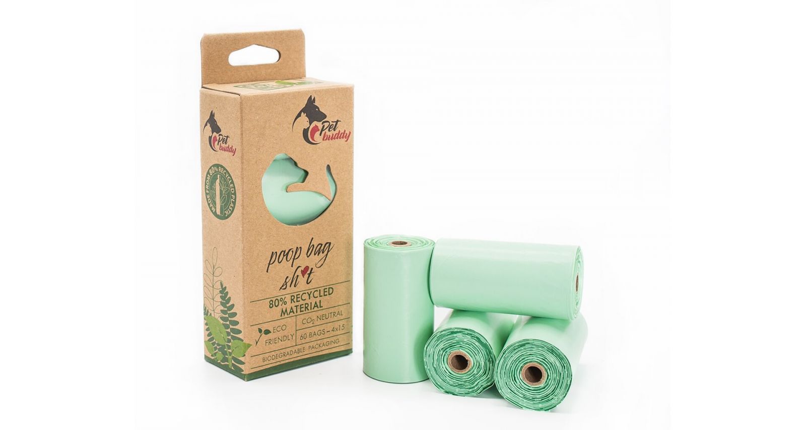 PetBuddy recyklované sáčky na psí exkrementy, 4 role / á 15 sáčků, zelená s potiskem Pet Buddy
