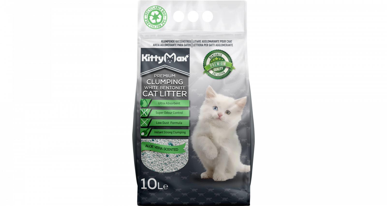 KITTYMAX hrudkující, bezprašný bílý bentonit ALOE VERA 10 l