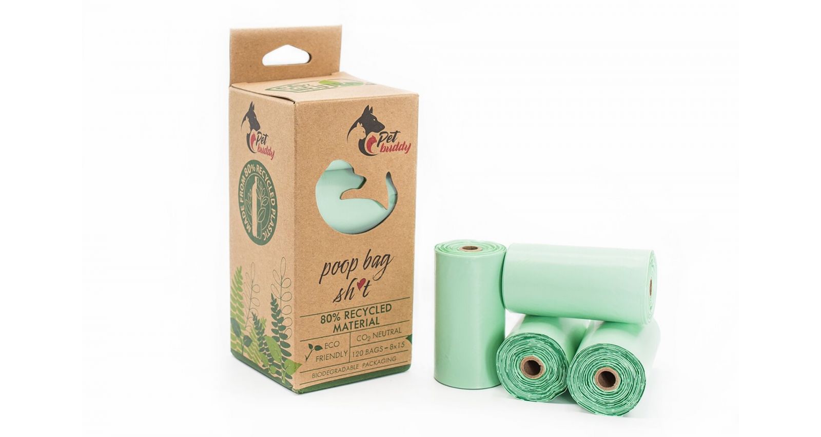 PetBuddy recyklované sáčky na psí exkrementy, 8 rolí / á 15 sáčků, zelená s potiskem Pet Buddy