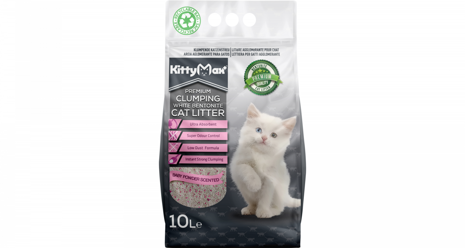 KITTYMAX hrudkující, bezprašný bílý bentonit BABY POWDER 10 l
