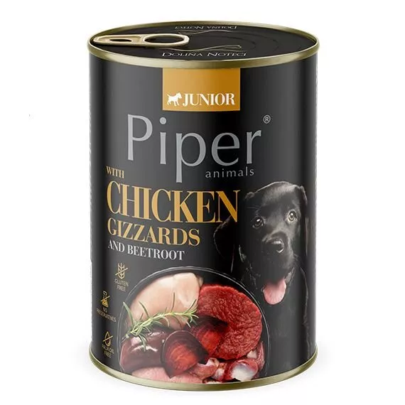 NEW PIPER JUNIOR s kuřecími žaludky a červenou řepou, konzerva pro štěňata, 400 g
