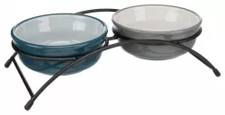 Set keramických misek v kovovém stojánku, 2 × 0.25 l/ø 13 cm, petrolejová/šedá TRIXIE