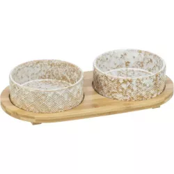 Set misek v bambusovém stojanu, bílá/světlehnědá 2 × 0,3 l/ ø 12 cm/ 30 x 6 x 15 cm