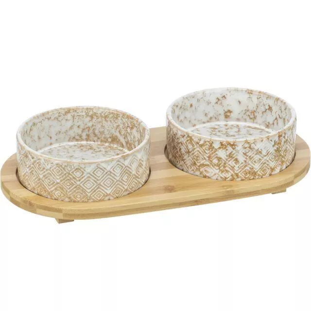 Set misek v bambusovém stojanu, bílá/světlehnědá 2 × 0,3 l/ ø 12 cm/ 30 x 6 x 15 cm TRIXIE
