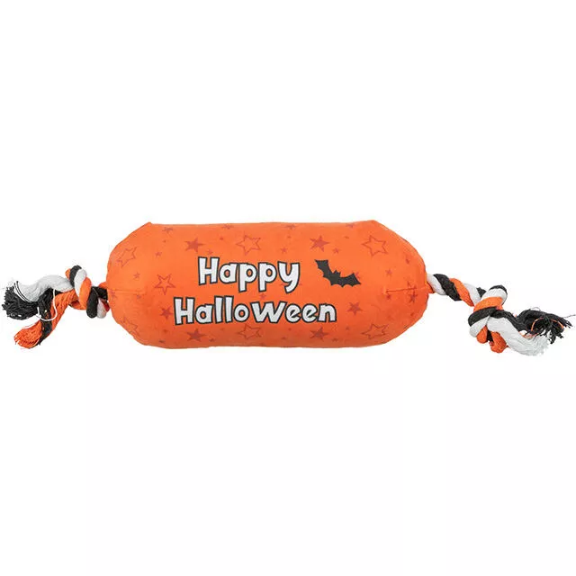 Válec HALLOWEEN, plyšová hračka se zvukem, na laně, 30 cm, oranžová - LIMITOVANÁ NABÍDKA TRIXIE