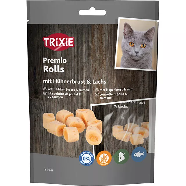 PREMIO Rolls, válečky s kuřecím a lososem, obsah masa 72 %, 50 g TRIXIE