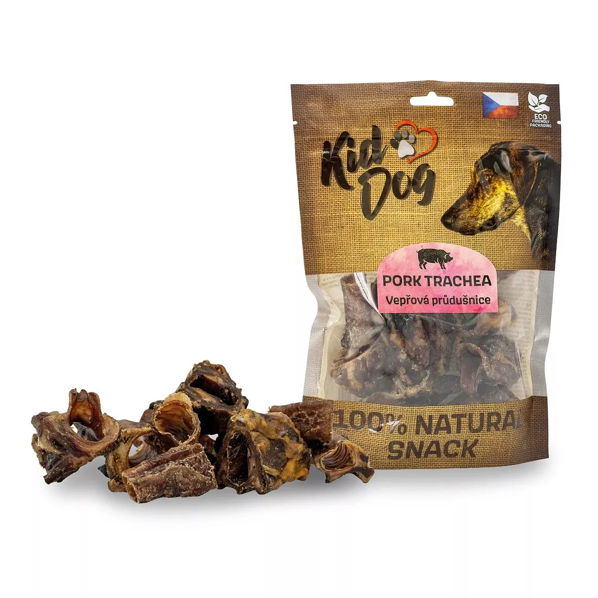 KIDDOG 100% Natural Snack, vepřová krájená průdušnice 4 - 5 cm / 200 g