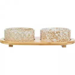 Set misek v bambusovém stojanu, bílá/světlehnědá 2 × 0,3 l/ ø 12 cm/ 30 x 6 x 15 cm TRIXIE