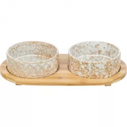 Set misek v bambusovém stojanu, bílá/světlehnědá 2 × 0,3 l/ ø 12 cm/ 30 x 6 x 15 cm TRIXIE