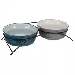 Set keramických misek v kovovém stojánku, 2 × 0.25 l/ø 13 cm, petrolejová/šedá TRIXIE