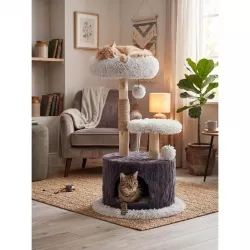 PetBuddy škrabadlo MATERA 55 x 55 x 96 cm, hruškový strom/plyšový domek, šedá/tmavošedá/přírodní Pet Buddy