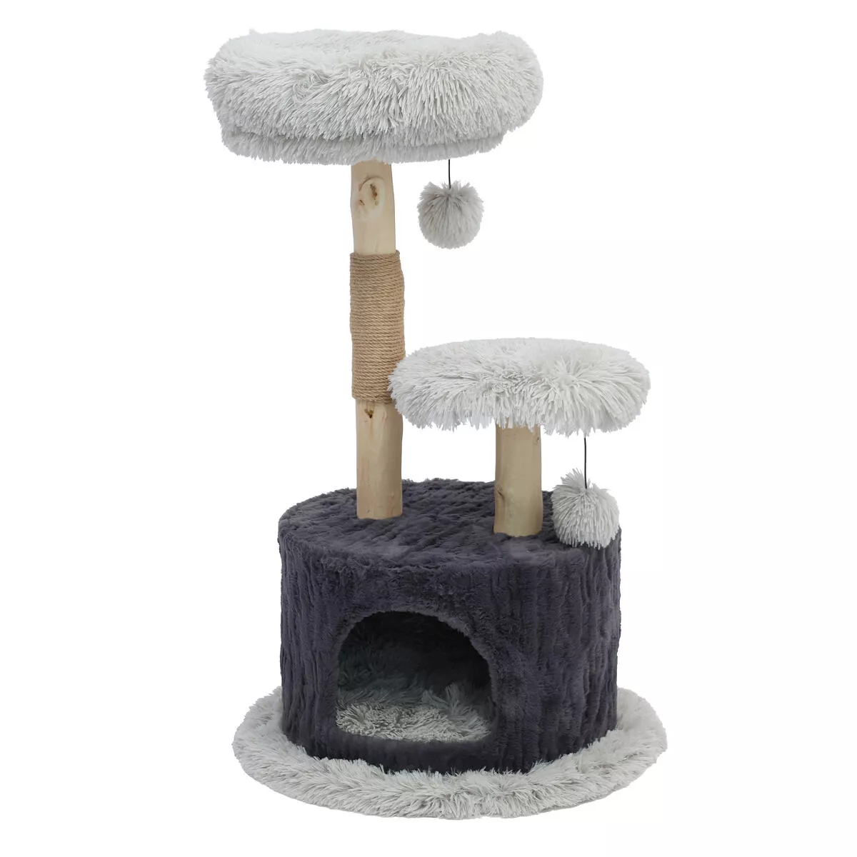 PetBuddy škrabadlo MATERA 55 x 55 x 96 cm, hruškový strom/plyšový domek, šedá/tmavošedá/přírodní Pet Buddy