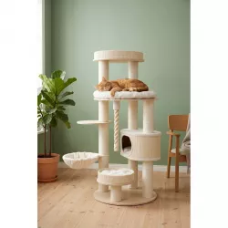 PetBuddy škrabadlo SCANNO 69 x 69 x 161 cm, plyš/sloupky s papírovým provazem, krémová/přírodní Pet Buddy