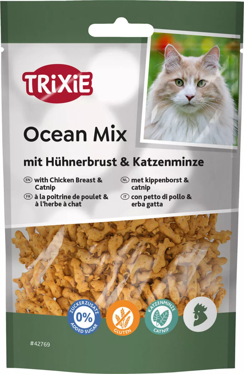 Ocean Mix, minirybičky s kuřecími prsíčky a catnipem, obsah masa 27 %, 50 g TRIXIE