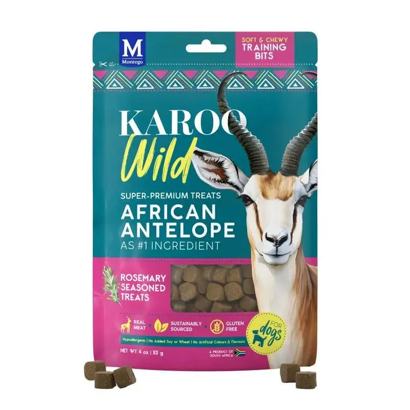 KAROO Wild African Antelope ROSEMARY, tréninkové kousky, antilopa s rozmarýnem, 113 g Montego Pet Nutrition