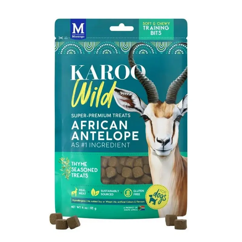 KAROO Wild African Antelope THYME, tréninkové kousky, antilopa s tymiánem, 113 g Montego Pet Nutrition