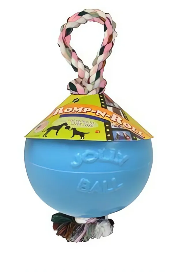 Jolly Ball Romp-n-Roll 10cm - míč s provazem světle modrý (s vůní borůvky) Jolly Pets