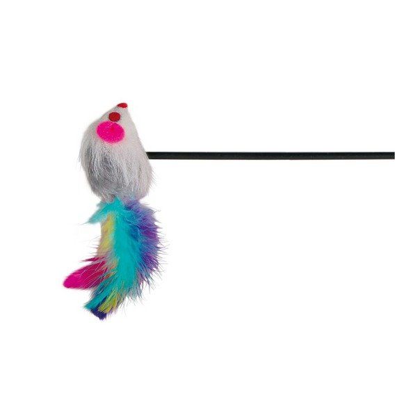 Trixie hračka pro kočky myš s peřím na prutě 50cm