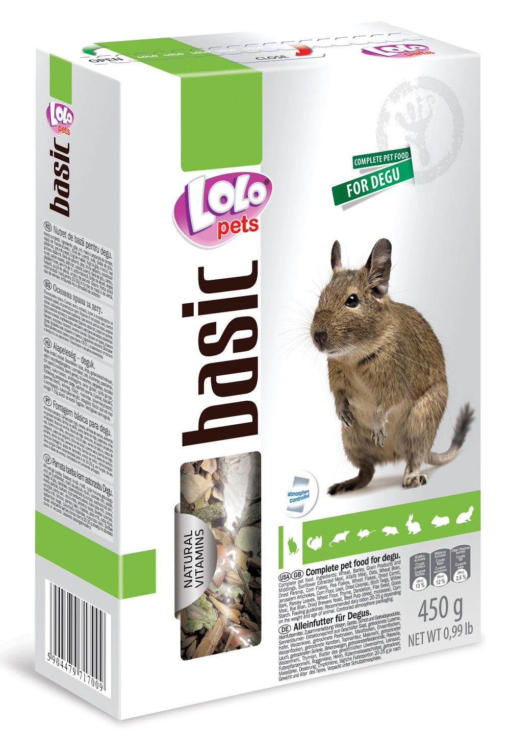 LOLO BASIC kompletní krmivo pro osmáky degu 450 g krabička