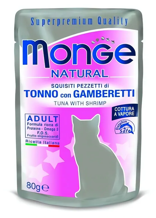 MONGE NATURAL kapsička tuňák v želé s krevetami pro kočky 80g